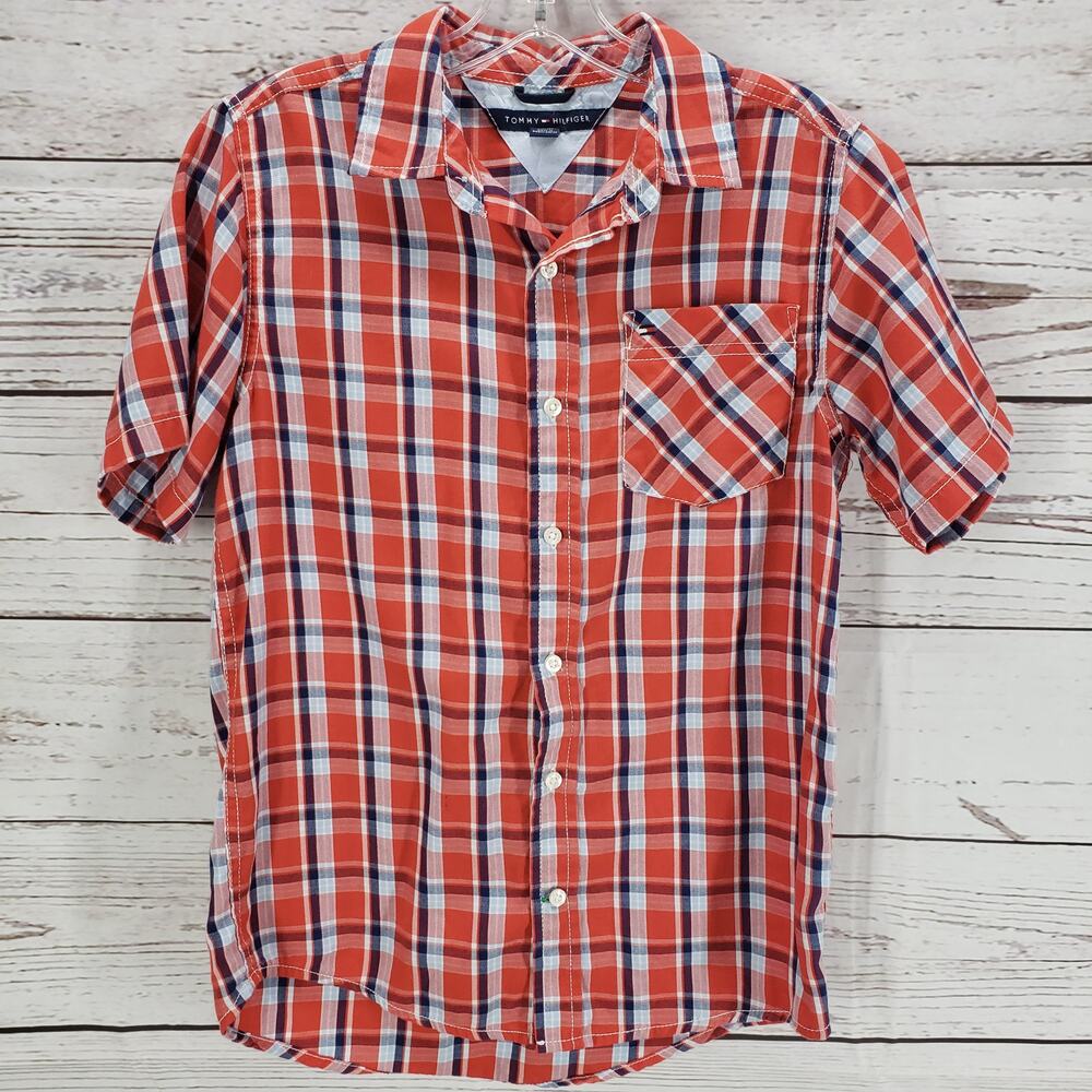 Tommy Hilfiger Boys Red Plaid Button Up Short Sleeve Shirt Size L(16/18)